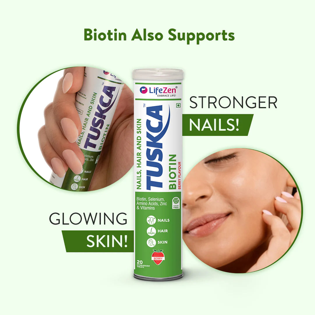 Lifezen Tuskca Biotin + Selenium + Zinc For Hair, Nails & Skin Health l To Boost Keratin Levels, Reduce Hair Loss, Promote Regrowth & Maintain Healthy Nails & Skin | 20 Effervescent Tablet (Pack of 1) Berry Flavour
