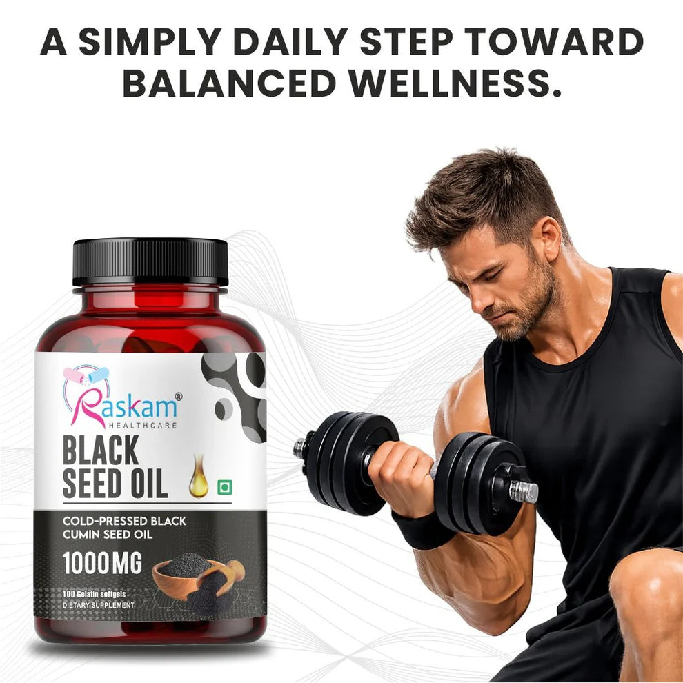 Raskam Black Seed Oil Softgel | Premium Cold Pressed Nigella Sativa 1000mg | Heart, Skin & Joint Support | 100 Softgel