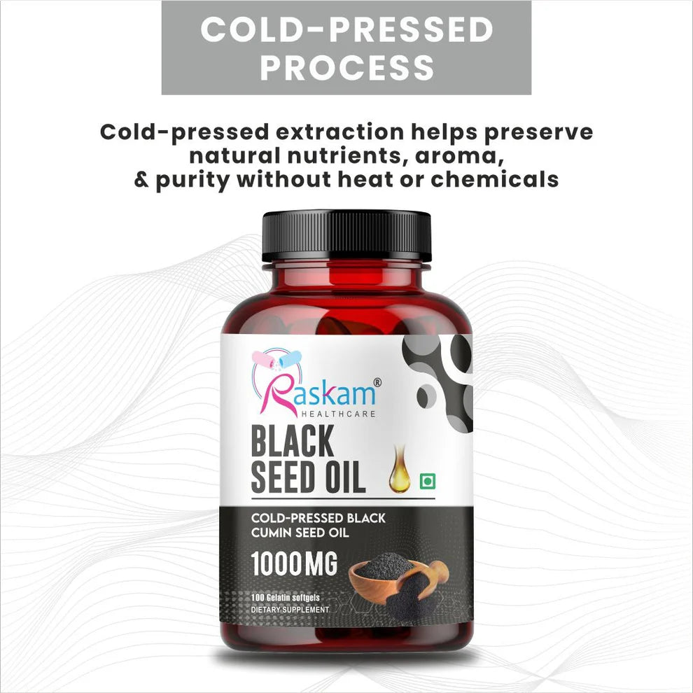Raskam Black Seed Oil Softgel | Premium Cold Pressed Nigella Sativa 1000mg | Heart, Skin & Joint Support | 100 Softgel