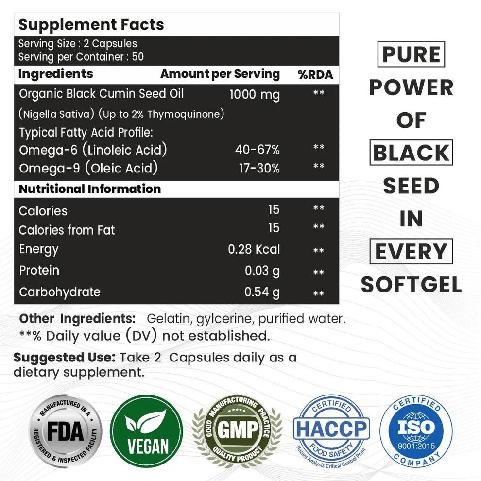 Raskam Black Seed Oil Softgel | Premium Cold Pressed Nigella Sativa 1000mg | Heart, Skin & Joint Support | 100 Softgel