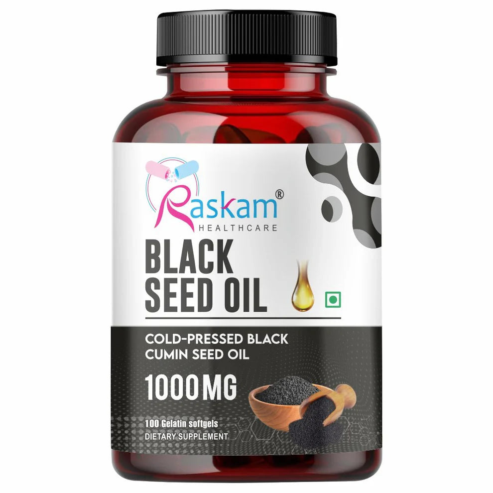Raskam Black Seed Oil Softgel | Premium Cold Pressed Nigella Sativa 1000mg | Heart, Skin & Joint Support | 100 Softgel