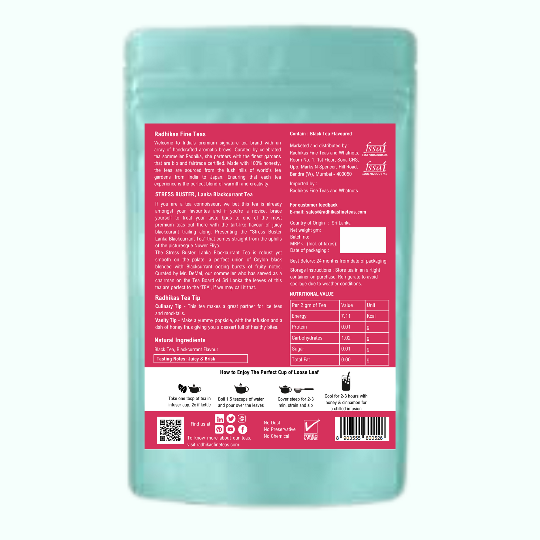 Radhika's Fine Teas Stress Buster Lanka Blackcurrant Tea (50g) | Single-Origin Ceylon Black Tea for Stress Relief, Immunity & Focus