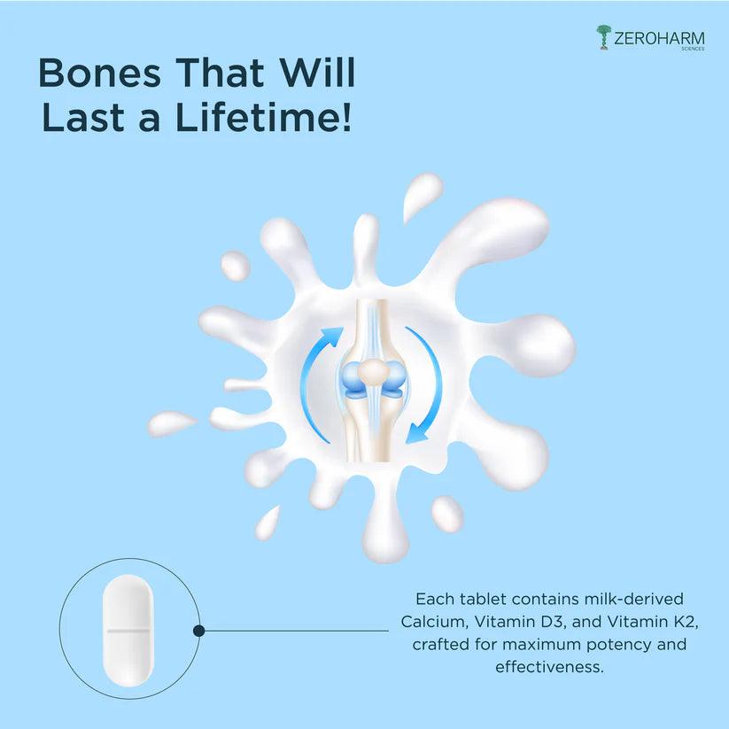 ZEROHARM Bone Health Tablets With Calcium, Vitamin D3 for Healthy Bones, Joints for Men & Women - 60 Tablets