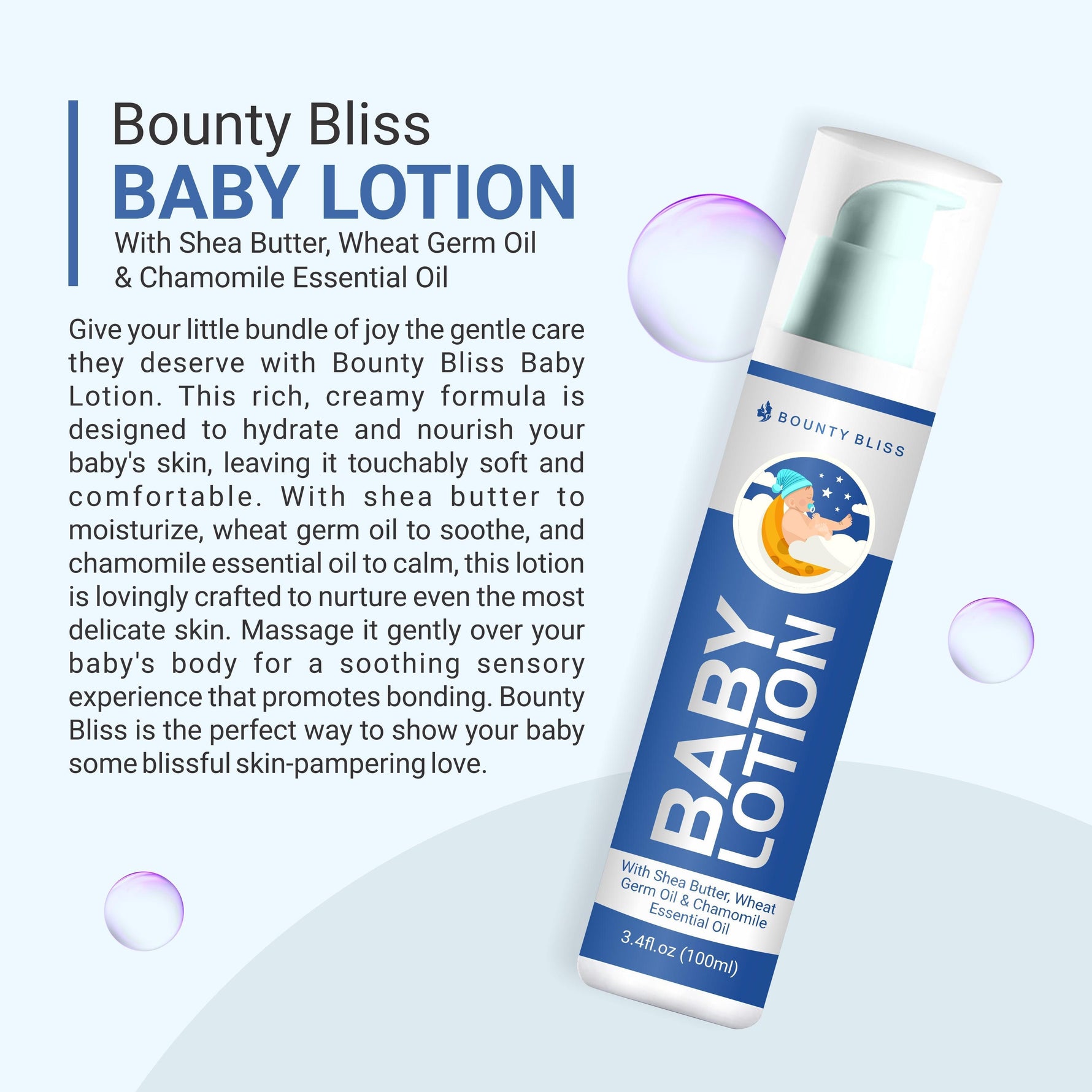 Bounty Bliss Baby Lotion with Shea Butter, Wheat Germ Oil & Chamomile Essential Oil - Gentle Moisturizing, Natural Ingredients, Soothing, Hypoallergenic - 100ml