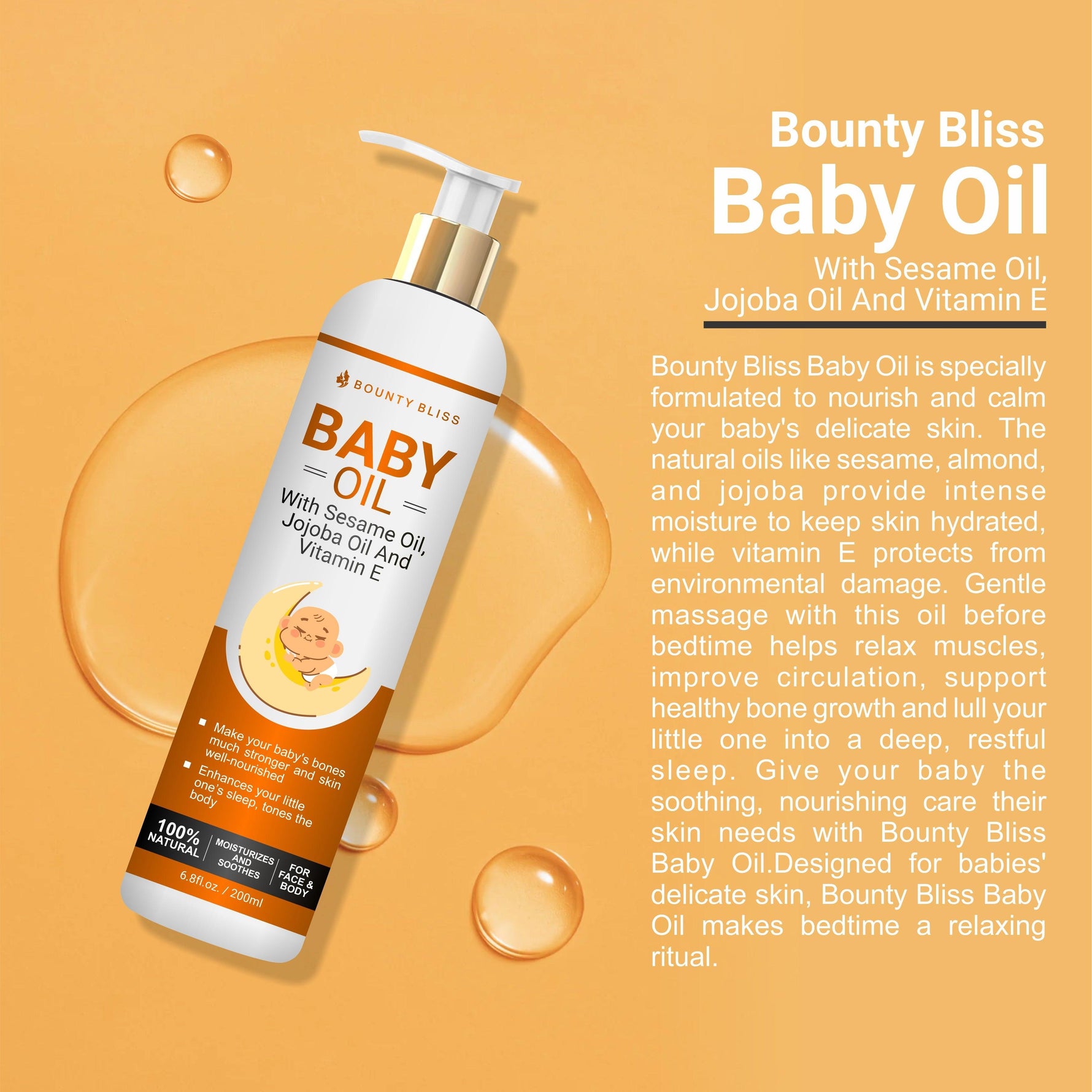Bounty Bliss Baby Oil With Sesame Oil, Jojoba Oil And Vitamin E Baby Oil For Skin/Baby Body Oil For New Born & Bids/Natural Chemical Free - 200ml
