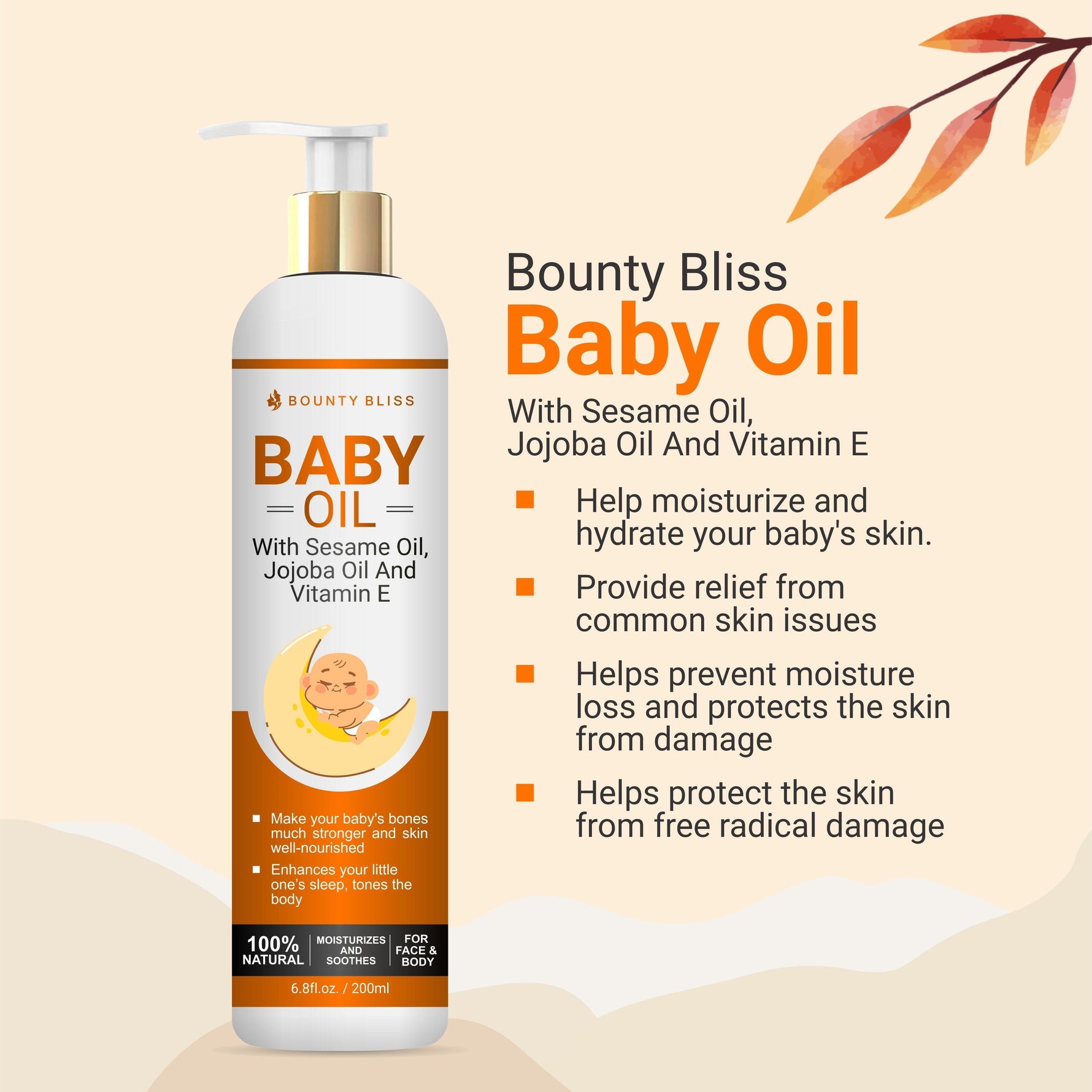 Bounty Bliss Baby Oil With Sesame Oil, Jojoba Oil And Vitamin E Baby Oil For Skin/Baby Body Oil For New Born & Bids/Natural Chemical Free - 200ml