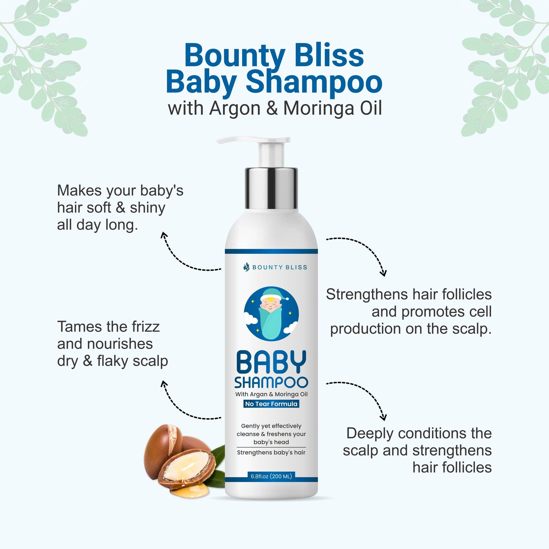 Bounty Bliss Baby Shampoo With Argan & Moringa Oil Infused With Paraben- Free Contains 8 Ayurvedic Natural Essential Oils, Herbs, Flowers, Seeds oil & Medicinal plants - 200ml