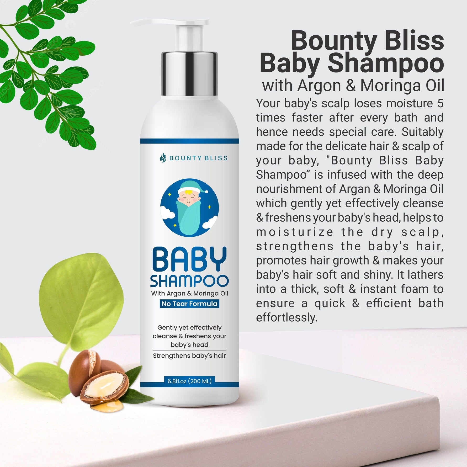Bounty Bliss Baby Shampoo With Argan & Moringa Oil Infused With Paraben- Free Contains 8 Ayurvedic Natural Essential Oils, Herbs, Flowers, Seeds oil & Medicinal plants - 200ml