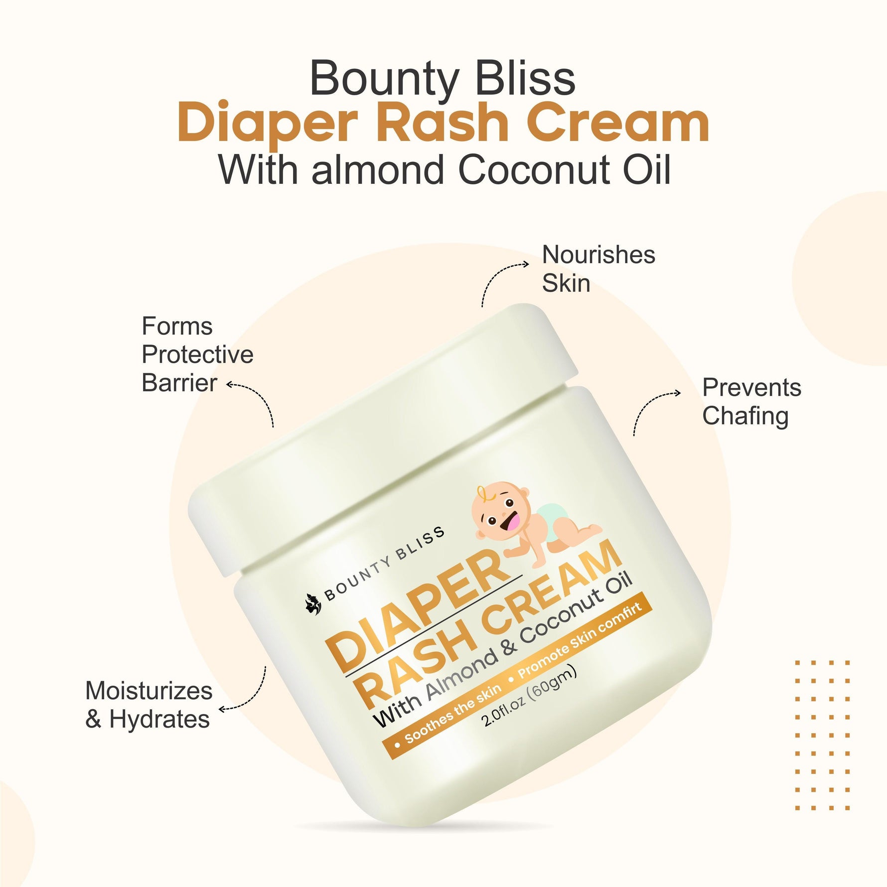 Bounty Bliss Baby Diaper Rash Cream with Almond & Coconut Oil - Soothing Relief, Natural Ingredients, Hypoallergenic, Moisturizing - 60gm