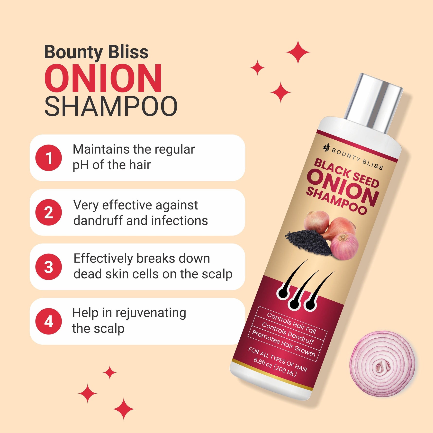 Bounty Bliss Black Seed Onion Shampoo – Strengthening, Nourishing, Hair Growth, Natural Ingredients, Sulfate-Free - 200ml