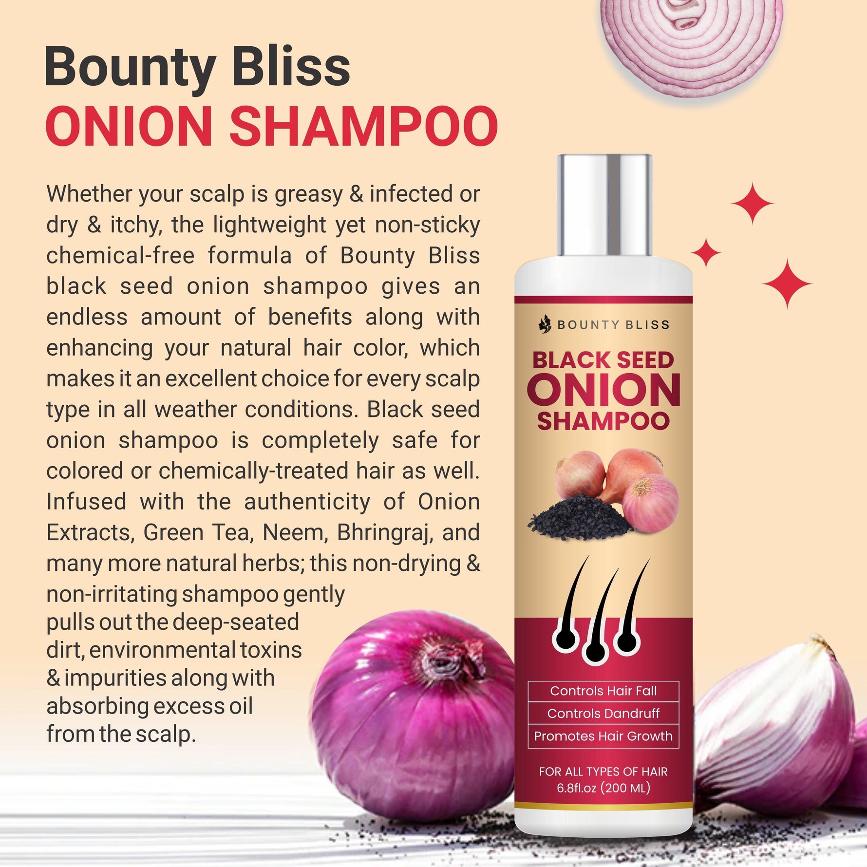 Bounty Bliss Black Seed Onion Shampoo – Strengthening, Nourishing, Hair Growth, Natural Ingredients, Sulfate-Free - 200ml