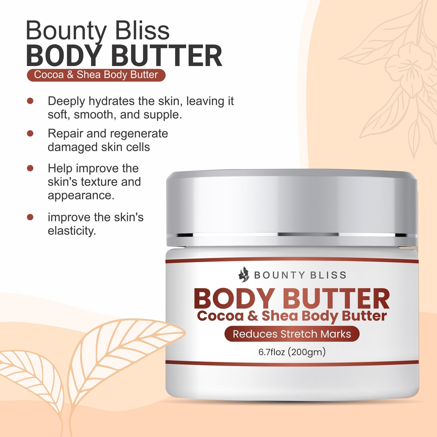 Bounty Bliss Cocoa & Shea Body Butter Stretch Mark Cream - Nourish & Smooth Skin Care - 200gm