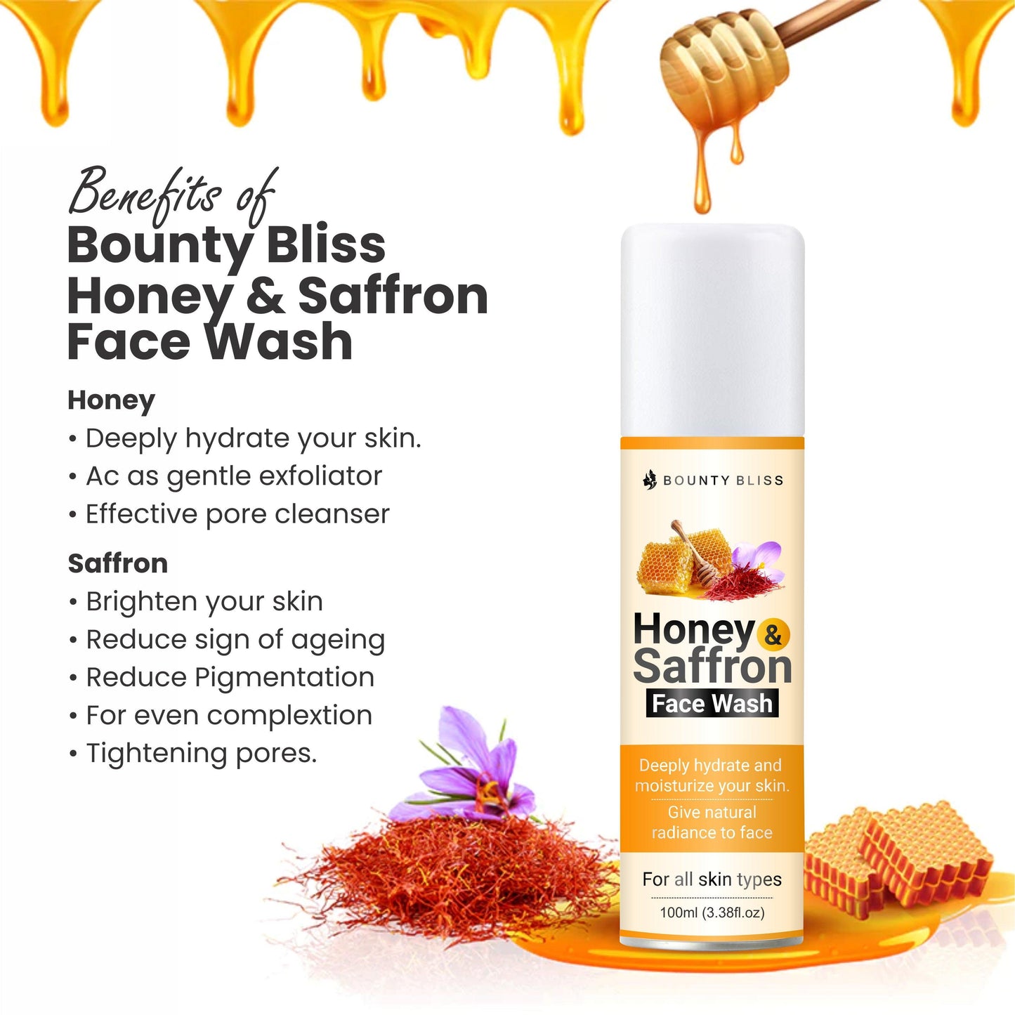Bounty Bliss Honey Saffron Face Wash Honey & Saffron, brightening facewash l Daily Gentle Face Cleanser For All Skin Types - 100ml