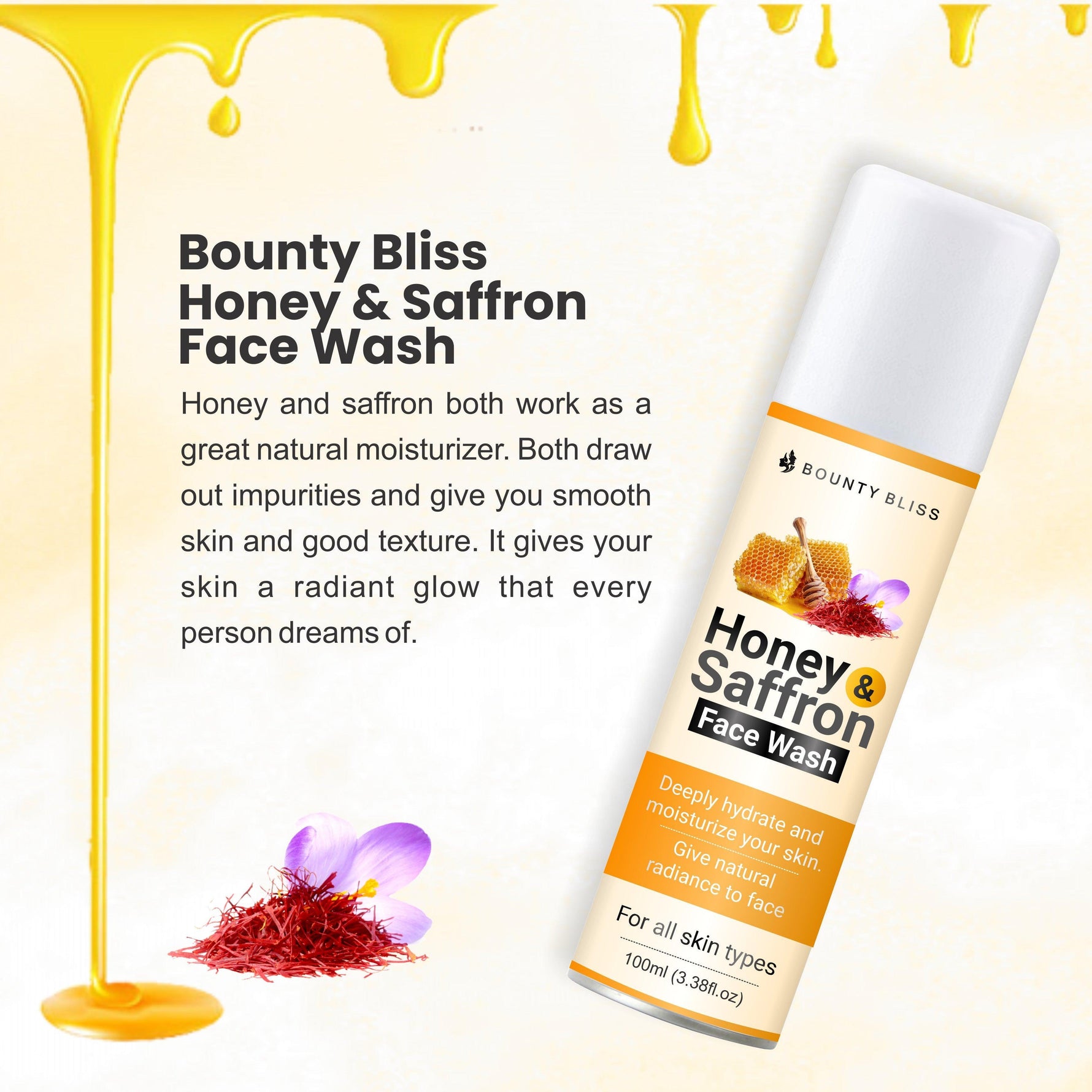 Bounty Bliss Honey Saffron Face Wash Honey & Saffron, brightening facewash l Daily Gentle Face Cleanser For All Skin Types - 100ml