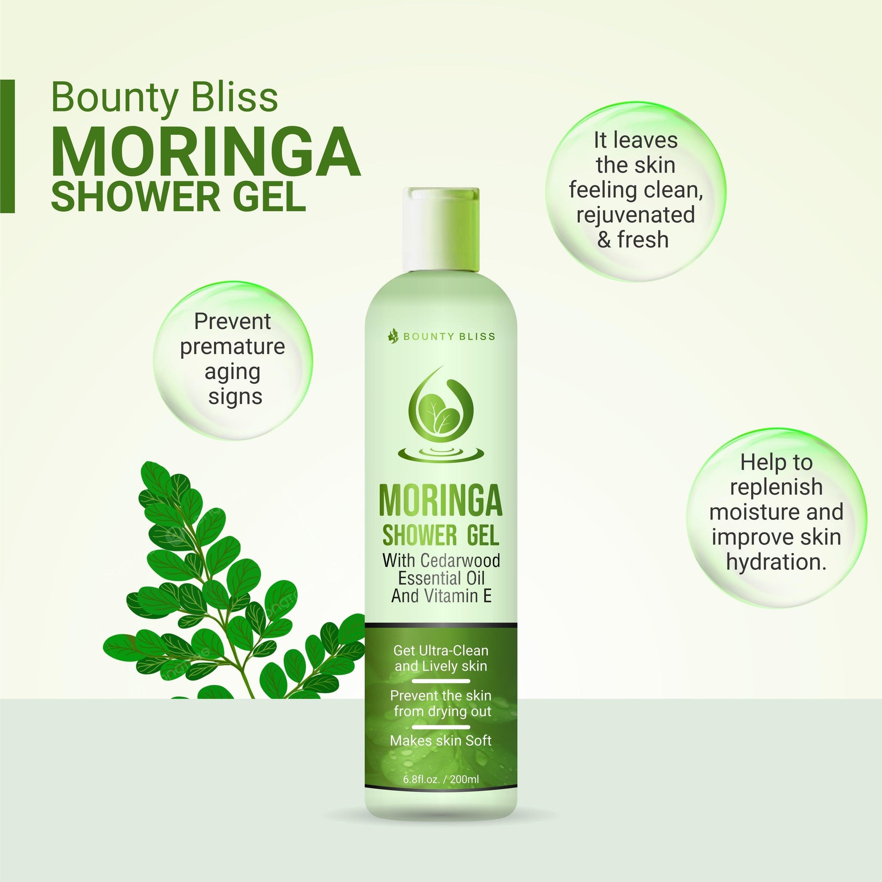 Bounty Bliss Moringa Shower Gel - Refreshing Cleanse with Natural Moringa Extract - 200ml