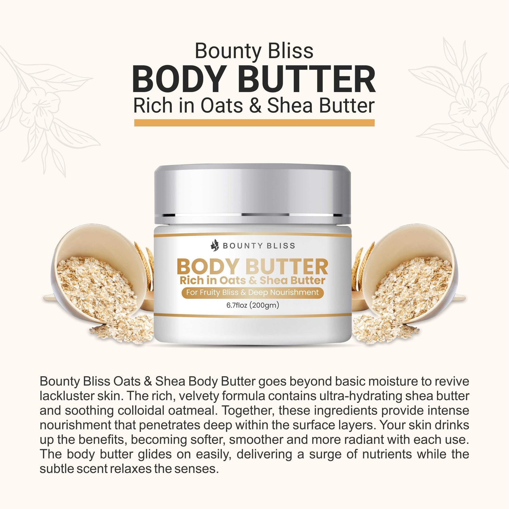 Bounty Bliss Oats & Shea Body Butter Cream - Nourishing Moisturizer for Soft, Smooth Skin