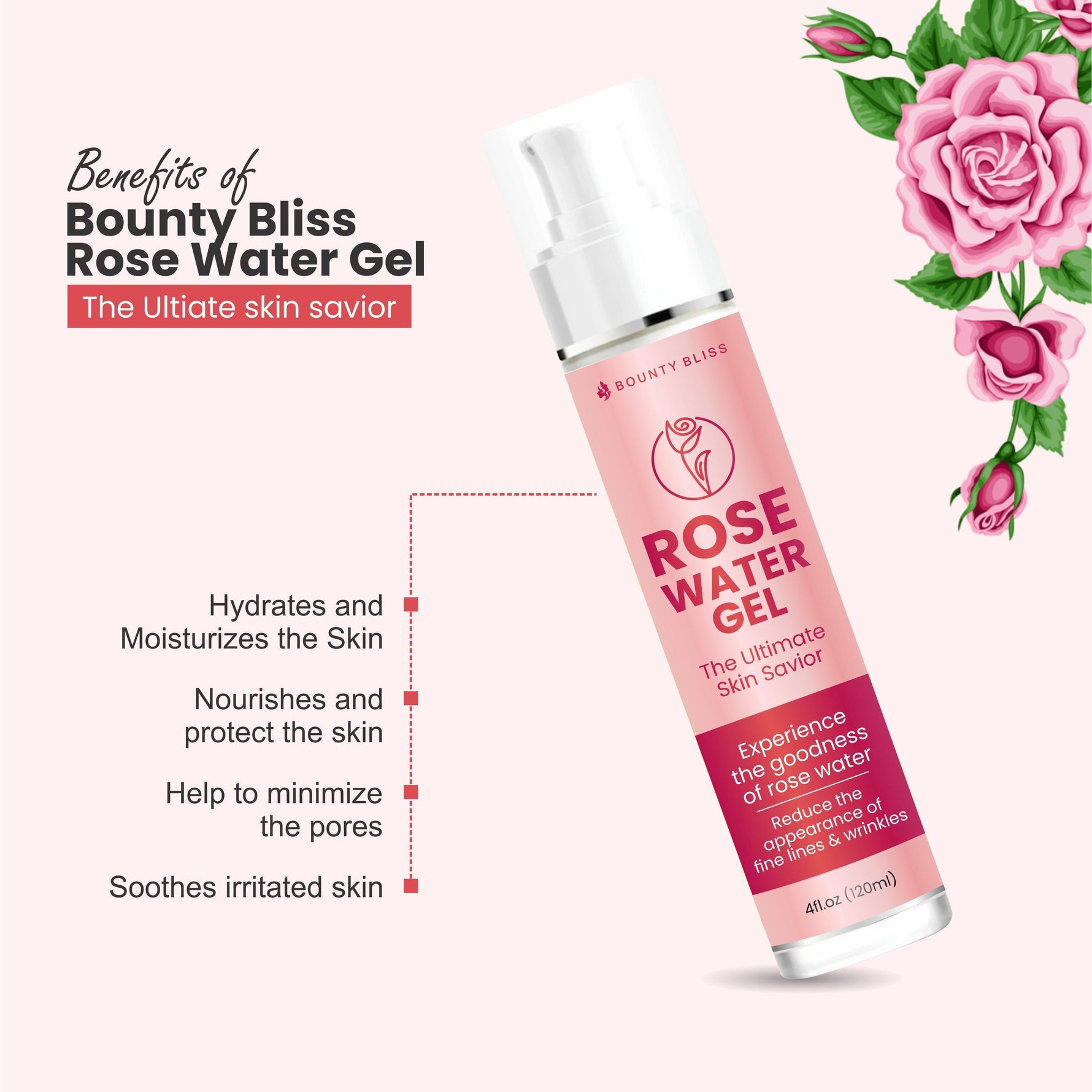 Bounty Bliss Rose Water Gel For Face, Deep Hydration with Deshi Gulaab, Alcohol Free, for Women & Men - 120ml