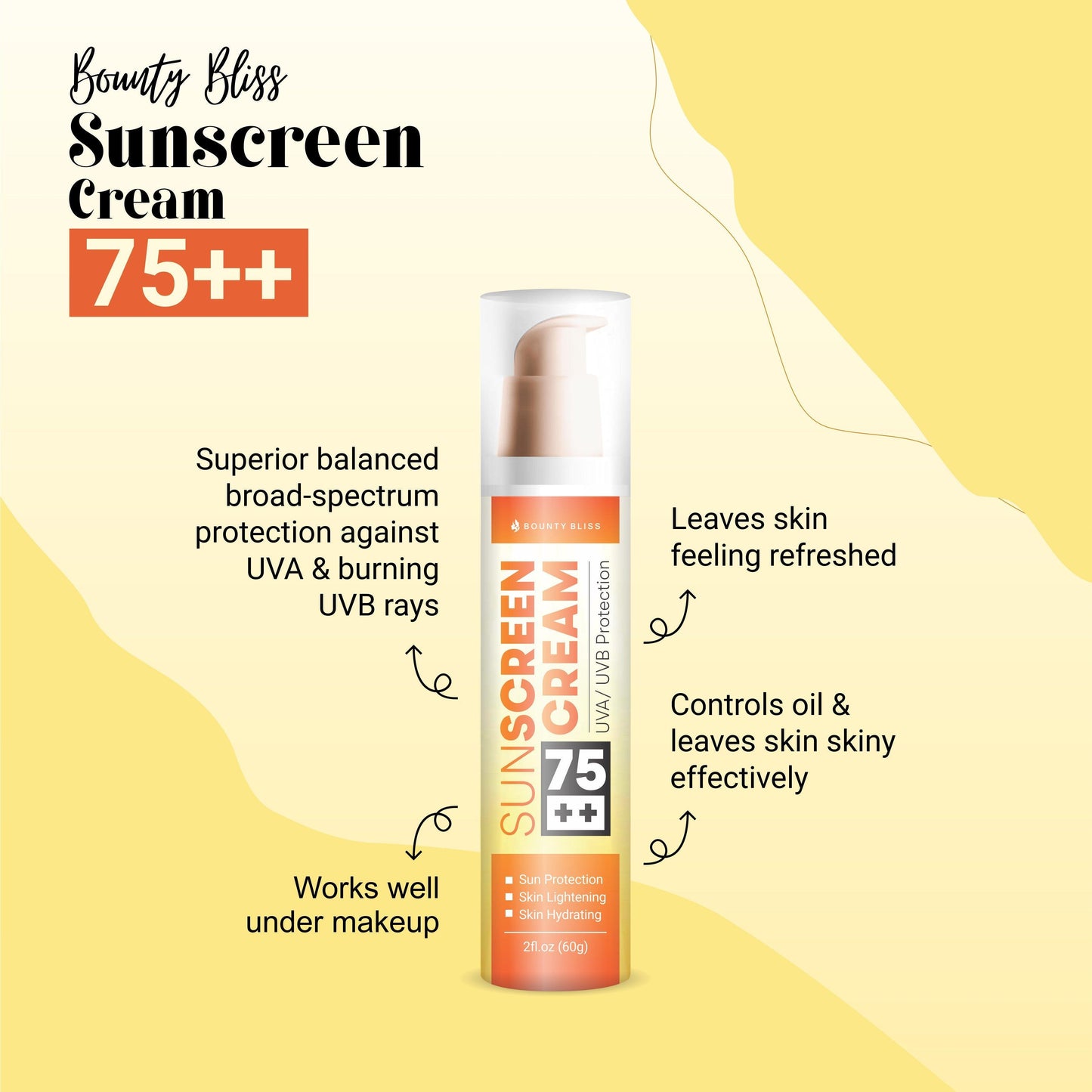 Bounty Bliss Sunscreen Lotion SPF-75 PA+++ Broad Spectrum Protection UVA/UVB/Blue Rays - 60gm