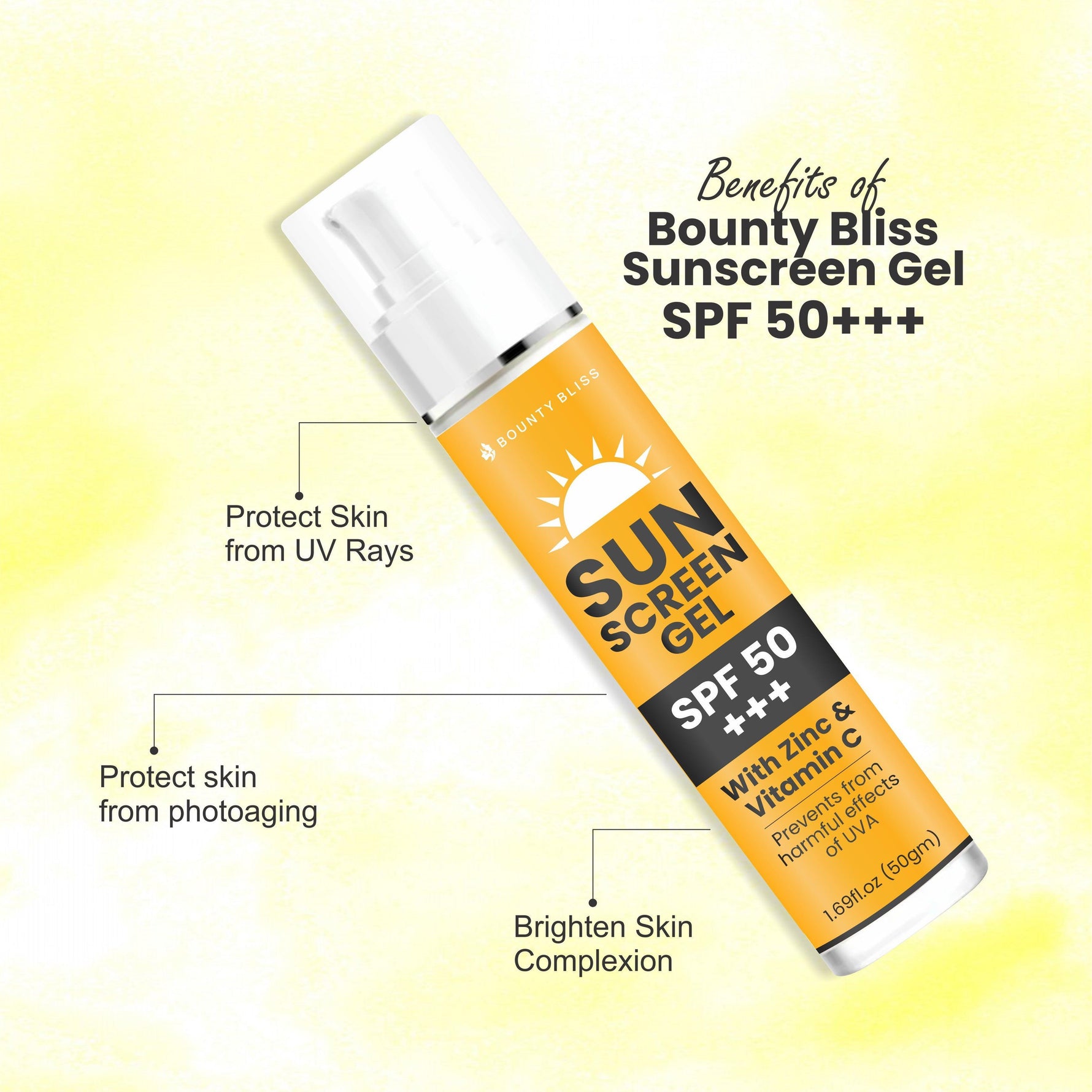 Bounty Bliss Sunscreen Gel SPF 50+++ Broad Spectrum UVA/UVB Blue light protect No White Cast Water resistant, Ultra light & Non sticky Oily, Dry & Sensitive Skin
