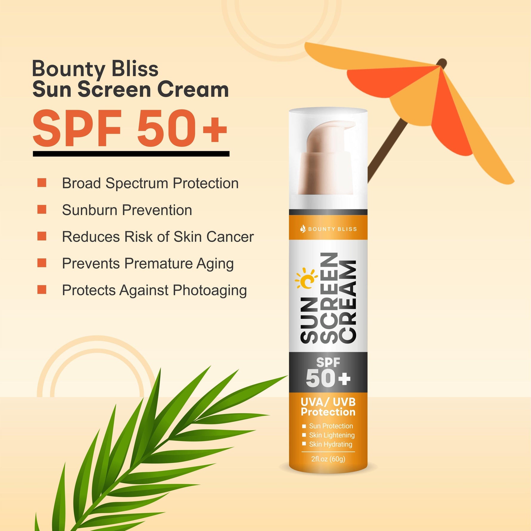 Bounty Bliss Sunscreen SPF 50+ Cream Clinically Proven Matte Finish and Oil Free Formula Water Resistant, Non Comedogenic Protection against UVA/UVB Rays - 60gm