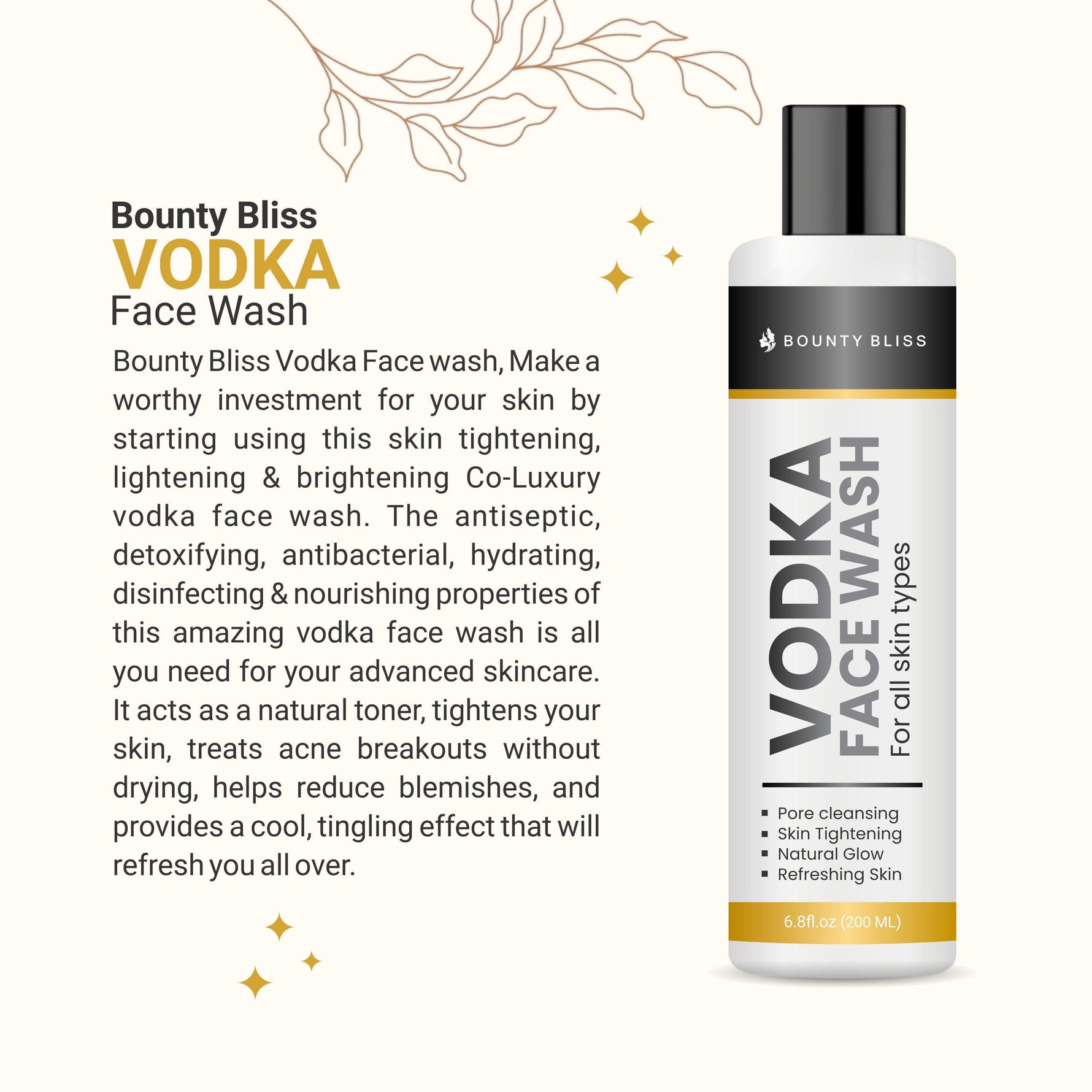 Bounty Bliss Vodka Face Wash Barrier Repair + Hydrating Gentle Face Wash Face Wash For Dry Skin, Normal Skin & Sensitive Skin Gently Cleanses Skin From Dirt & Oil For Unisex - 200ml