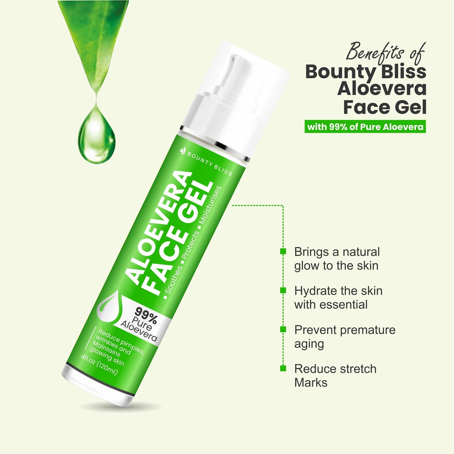 Bounty Bliss Aloevera Face Gel For Face Hydrating, Moisturizing, Soothing Skin - 120ml
