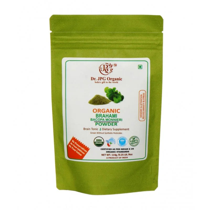 DR. JPG Organic Brahmi Powder (228g) – 114g (Pack of 2) | For Memory, Cognitive Function & Stress Relief | 100% Certified Organic
