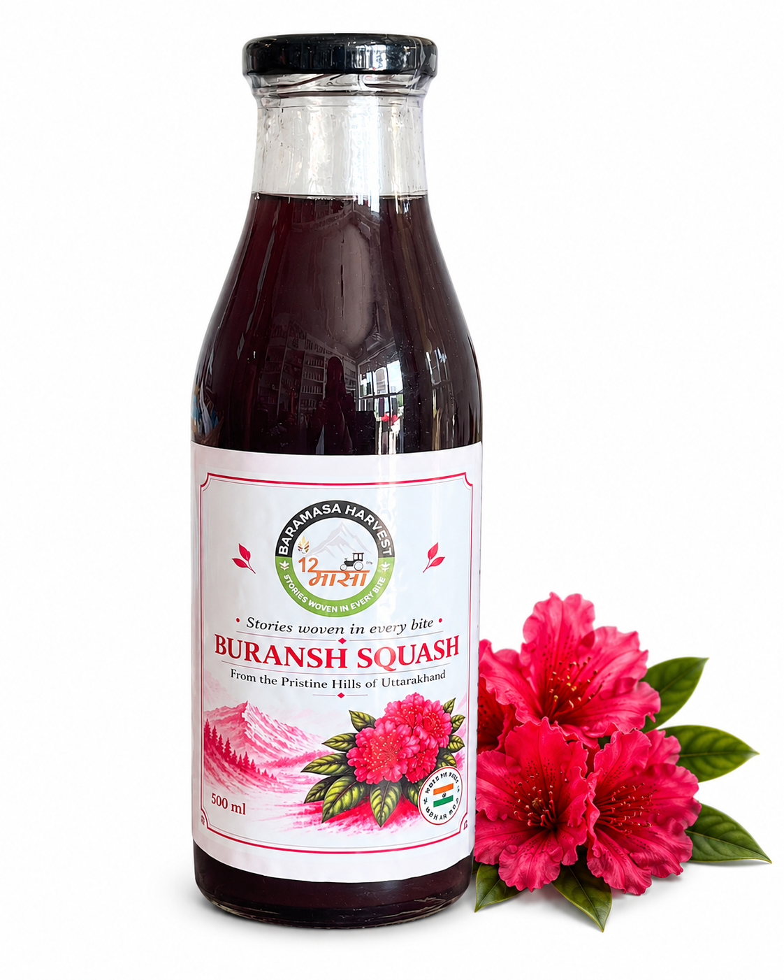 Baramasa Harvest Buransh Squash (500ml) | Authentic Himalayan Rhododendron Flower Drink | Rich in Antioxidants & Immunity Support