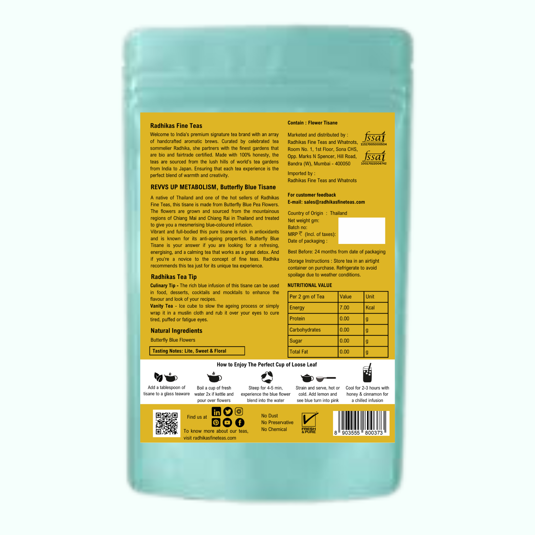 Radhika's Fine Teas Revvs Up Metabolism Butterfly Blue Tisane (50g) | Pure Herbal Tea for Metabolism, Anti-Ageing & Weight Management