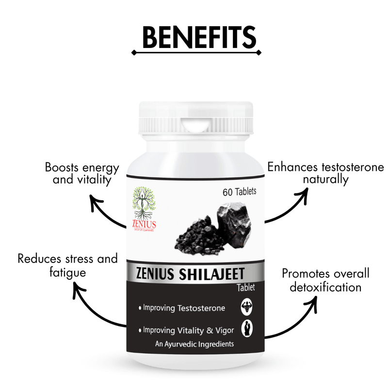 Zenius Shilajeet Tablets - Natural Energy and Stamina Boosters for Male and Female Wellness - 60 Tablets