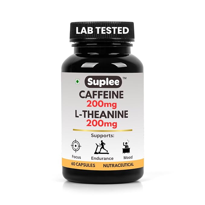 Suplee Caffeine 200mg & L-Theanine 200mg, Focus & Alertness Support, Pre-Workout & Study Aid, 60 Veg Capsules