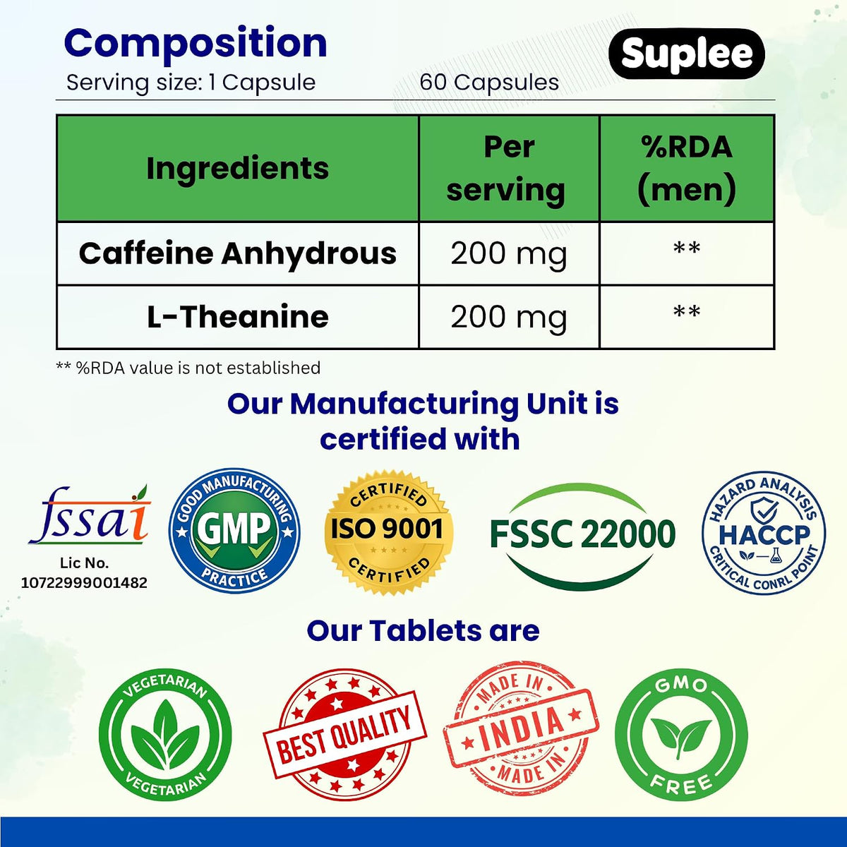 Suplee Caffeine 200mg & L-Theanine 200mg, Focus & Alertness Support, Pre-Workout & Study Aid, 60 Veg Capsules