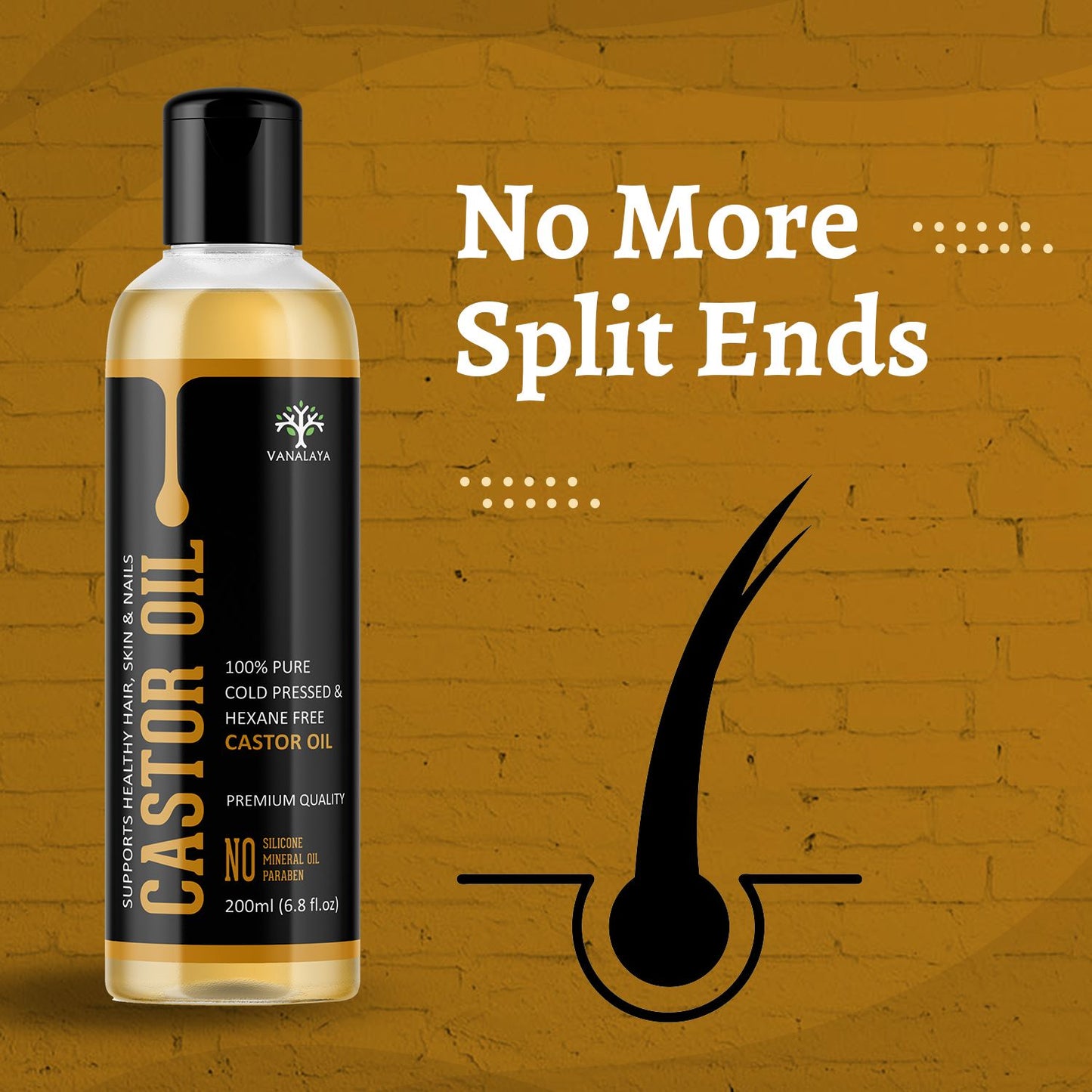Vanalaya Castor Oil Pure Cold Pressed oil For Stronger Hair, Skin & Nails, No Mineral Oil & Silicones 200ml