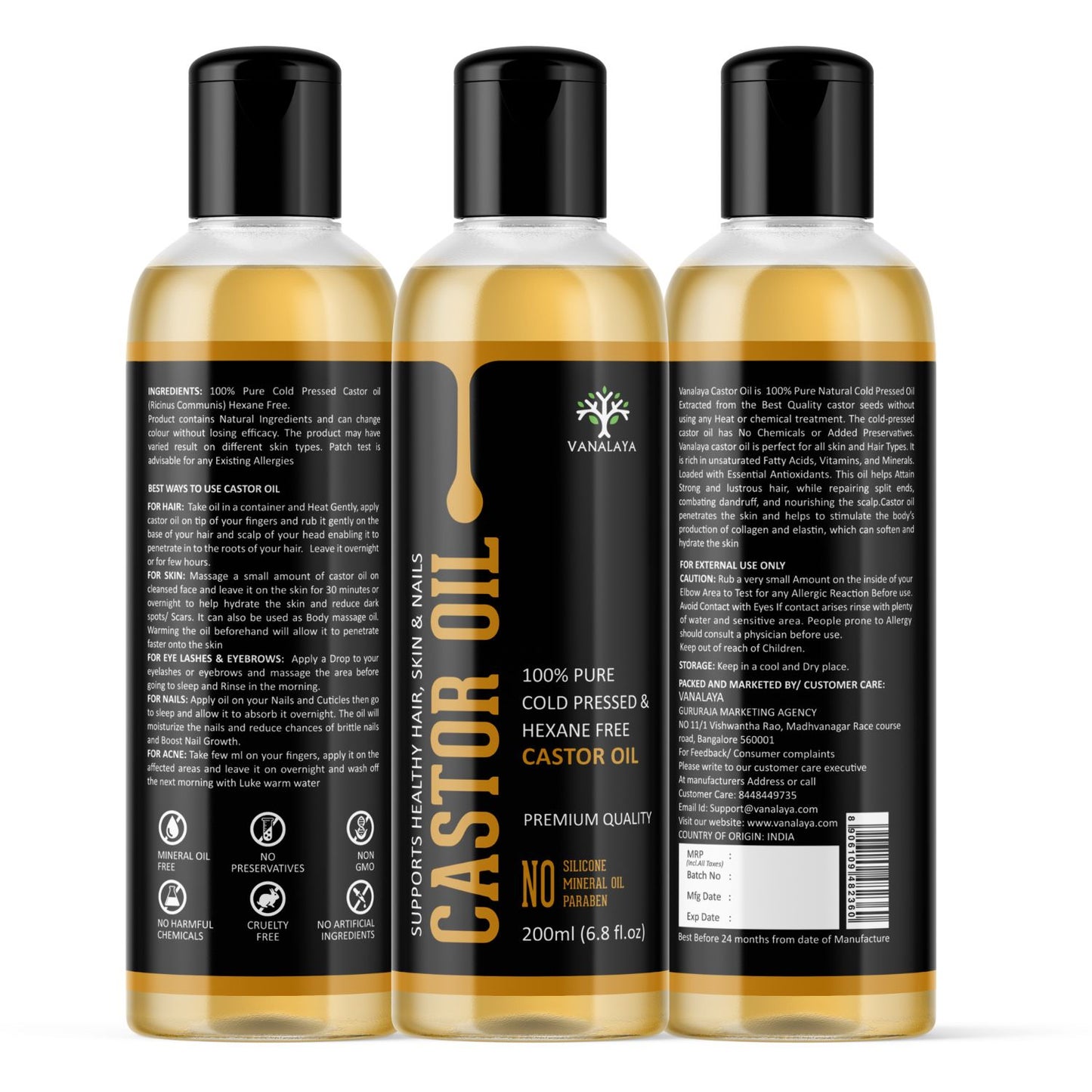 Vanalaya Castor Oil Pure Cold Pressed oil For Stronger Hair, Skin & Nails, No Mineral Oil & Silicones 200ml