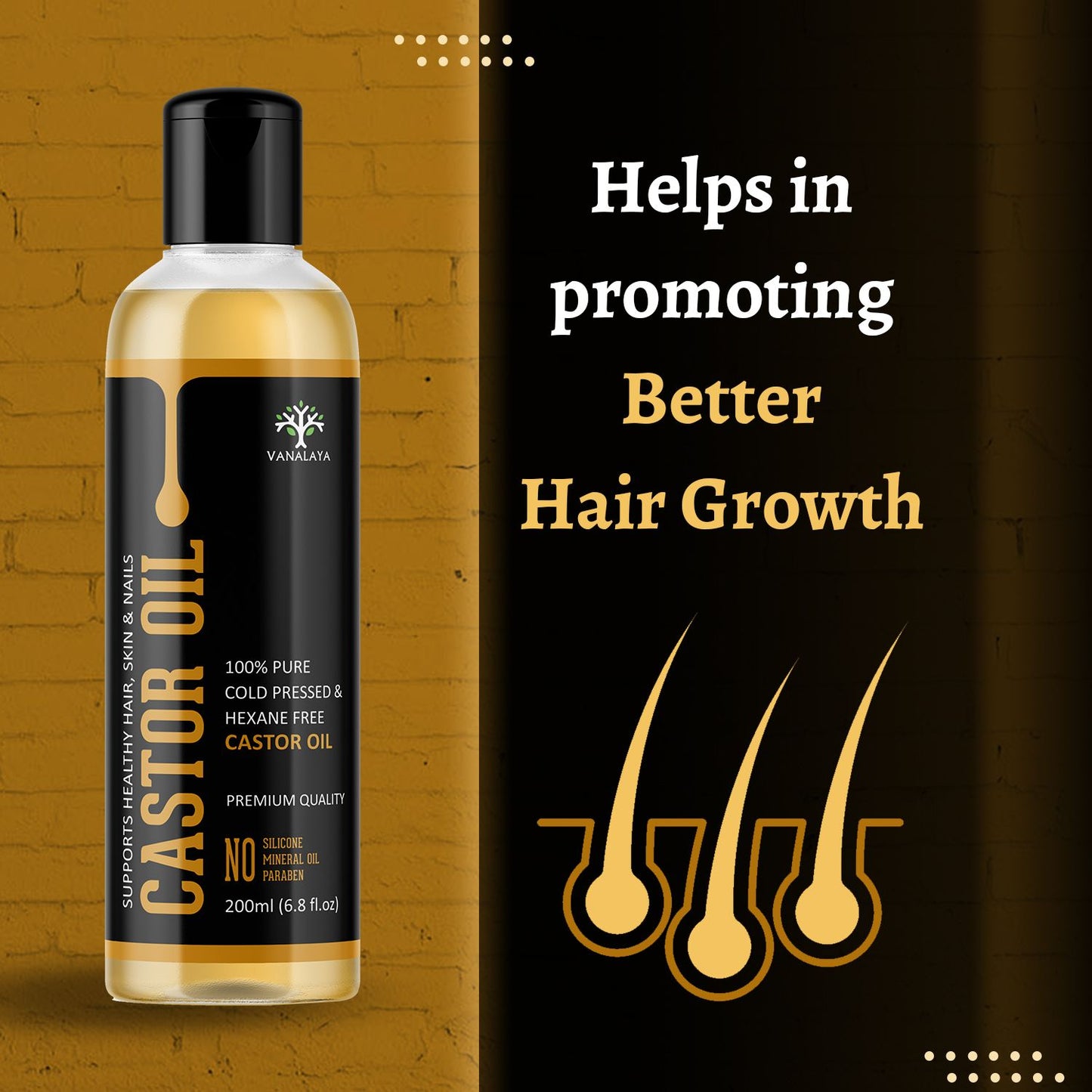 Vanalaya Castor Oil Pure Cold Pressed oil For Stronger Hair, Skin & Nails, No Mineral Oil & Silicones 200ml