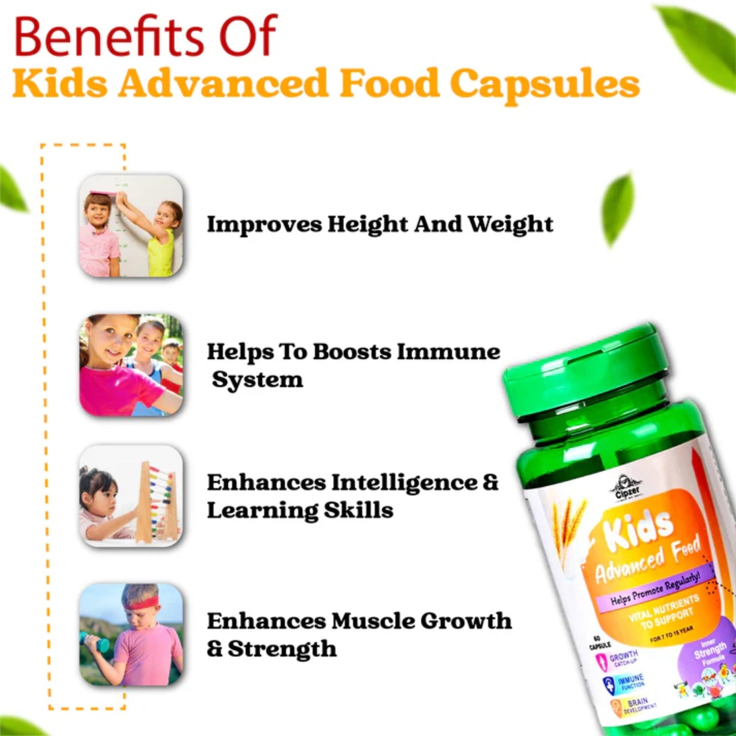 Cipzer Kids Advanced Food 60 Capsules | Herbal Nutrition for Growth, Immunity, Energy & Brain Health