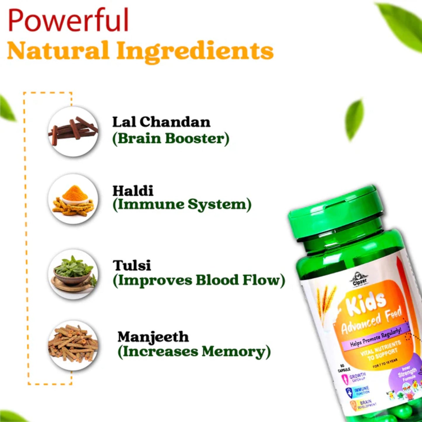 Cipzer Kids Advanced Food 60 Capsules | Herbal Nutrition for Growth, Immunity, Energy & Brain Health