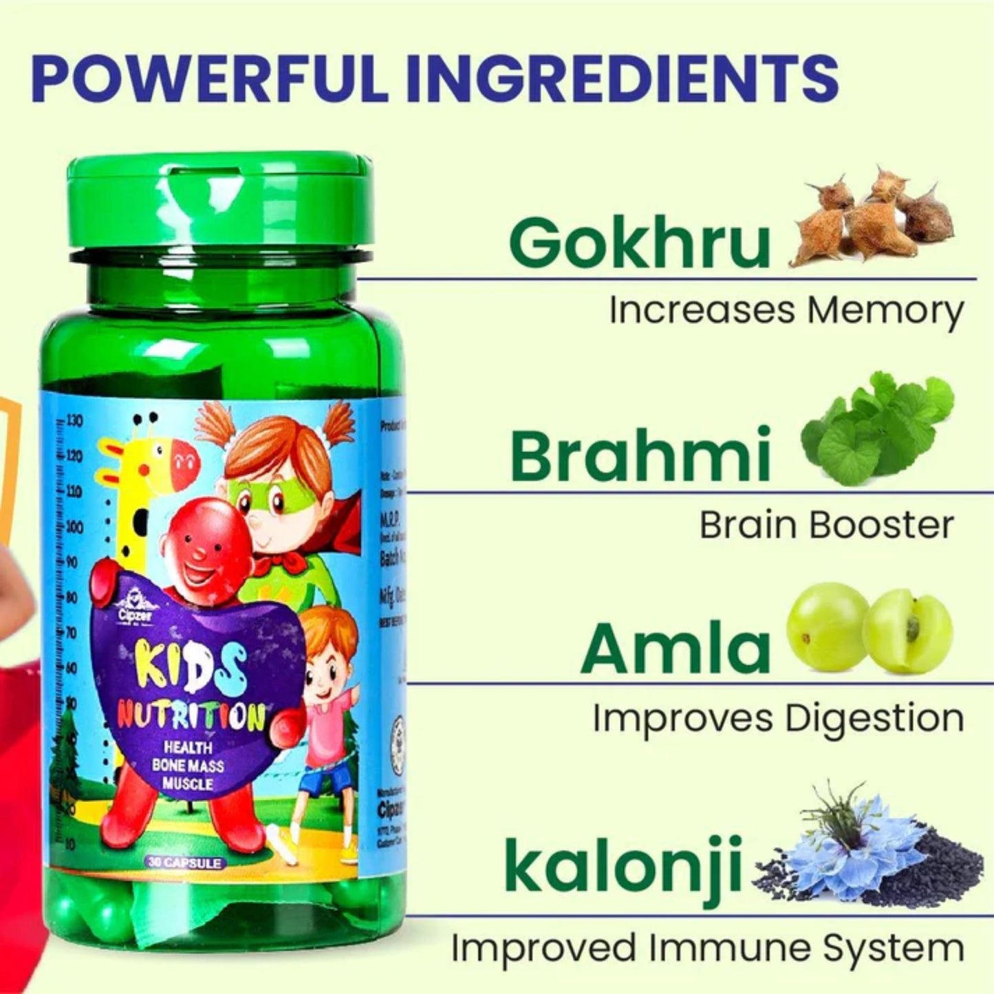 Cipzer Kids Nutrition Food 30 Capsules | Daily Herbal Nutrition for Growth, Immunity & Brain Health