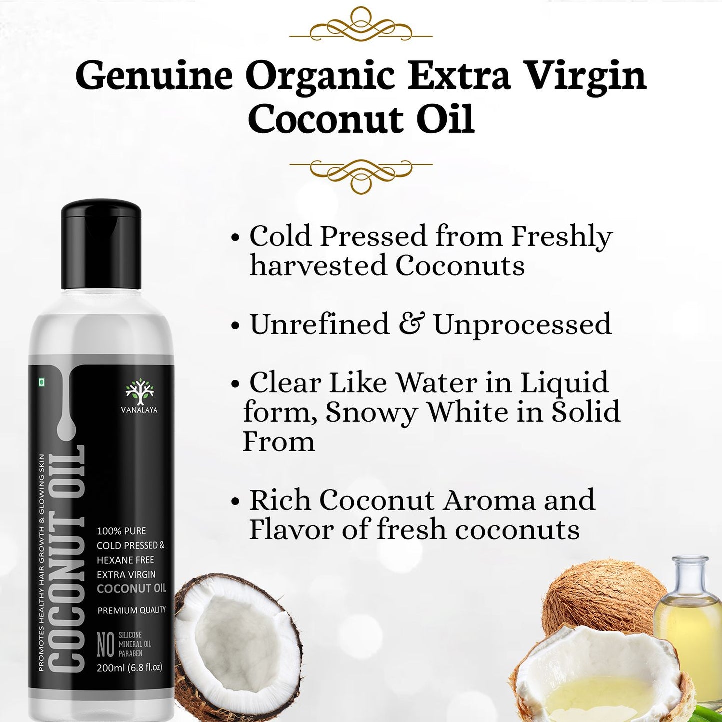 Vanalaya Cold Pressed Virgin Coconut oil Edible oil for Cooking skin Hair and Skin - 200ml