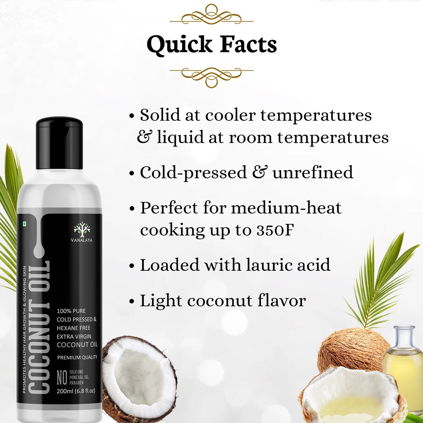 Vanalaya Cold Pressed Virgin Coconut oil Edible oil for Cooking skin Hair and Skin - 200ml