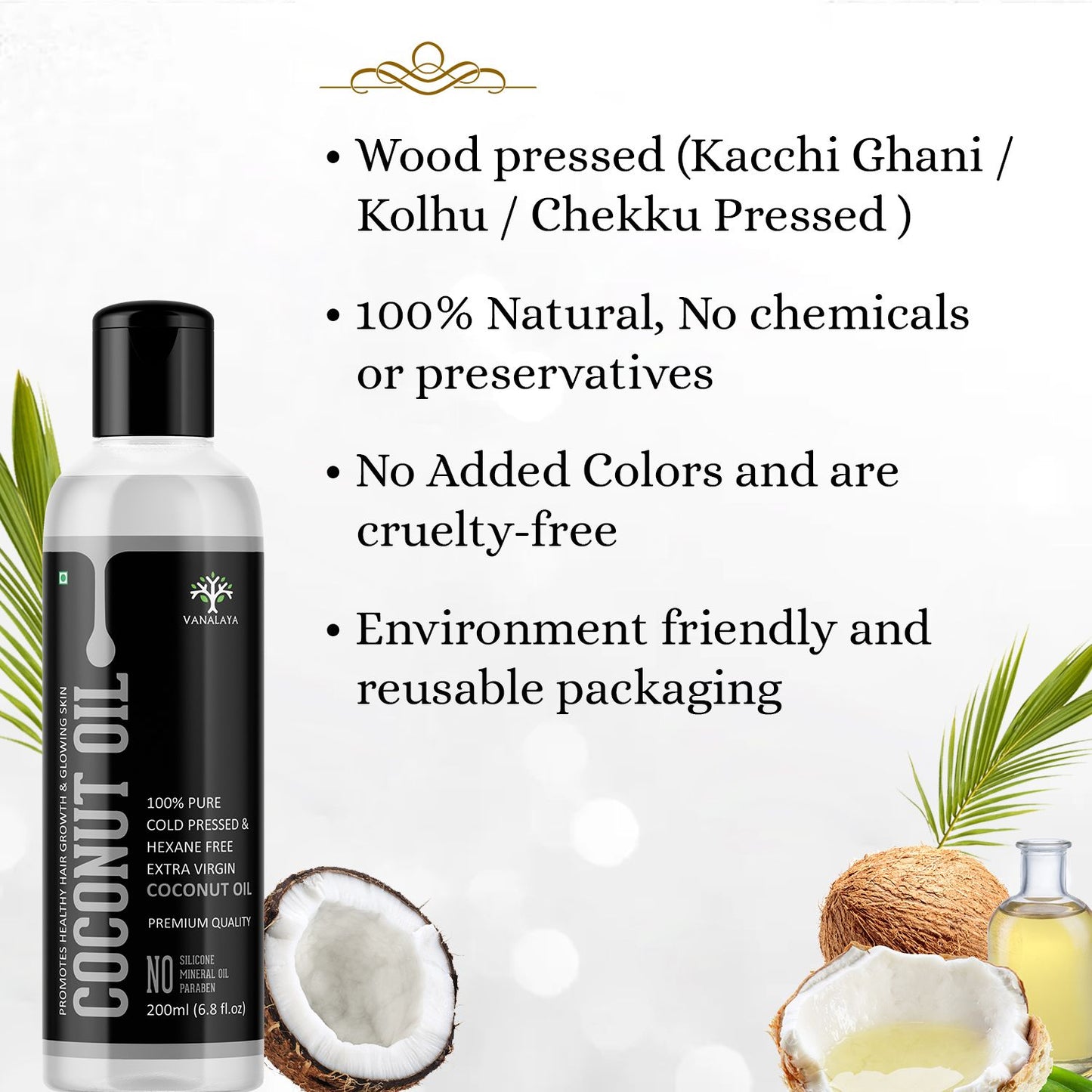 Vanalaya Cold Pressed Virgin Coconut oil Edible oil for Cooking skin Hair and Skin - 200ml