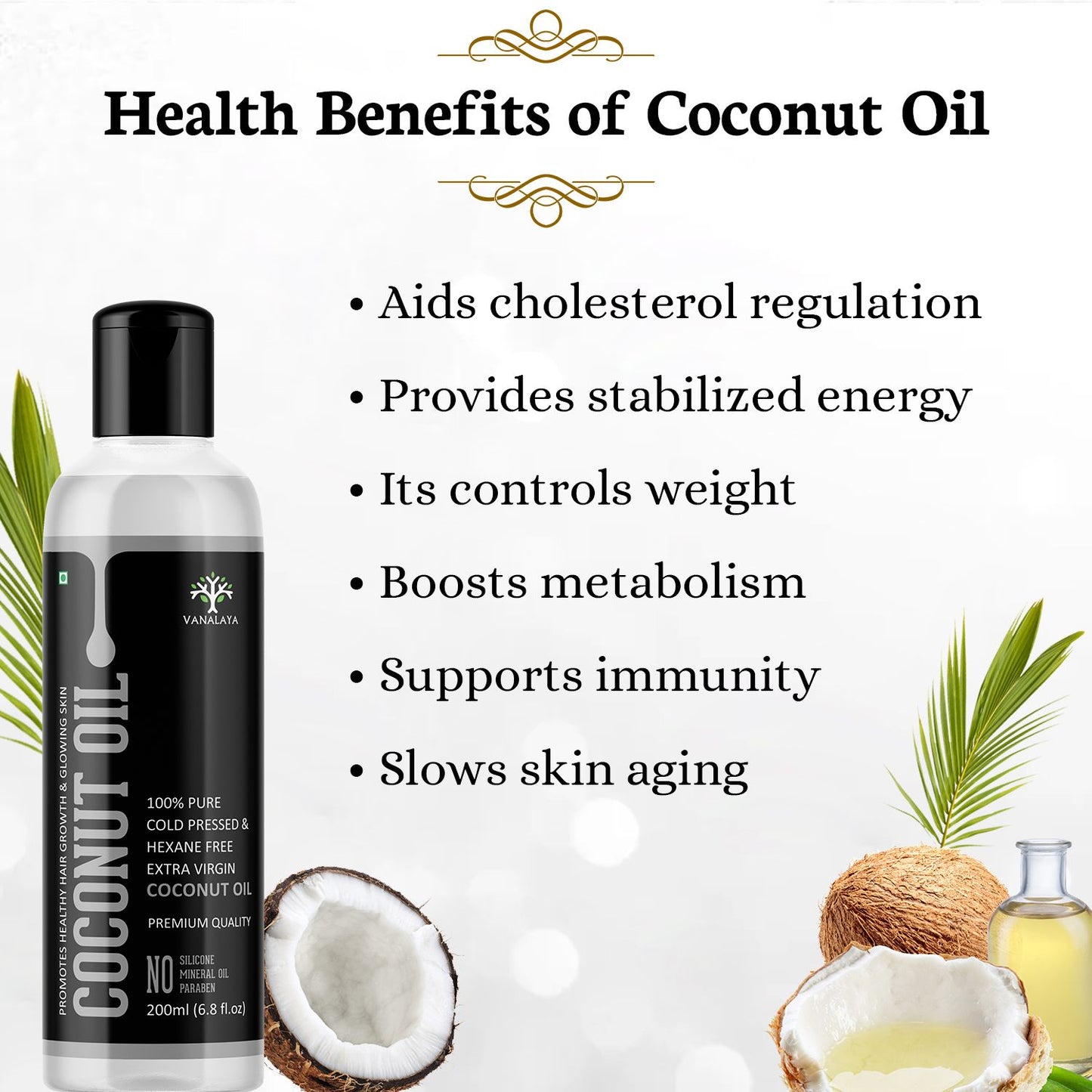 Vanalaya Cold Pressed Virgin Coconut oil Edible oil for Cooking skin Hair and Skin - 200ml