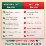 Suplee CoQ10 300mg with Selenium 40mcg & Piperine 7mg | Coenzyme Q10 High Absorption Supplement for Heart Health, Energy & Antioxidant Support | 60 Veg Capsules