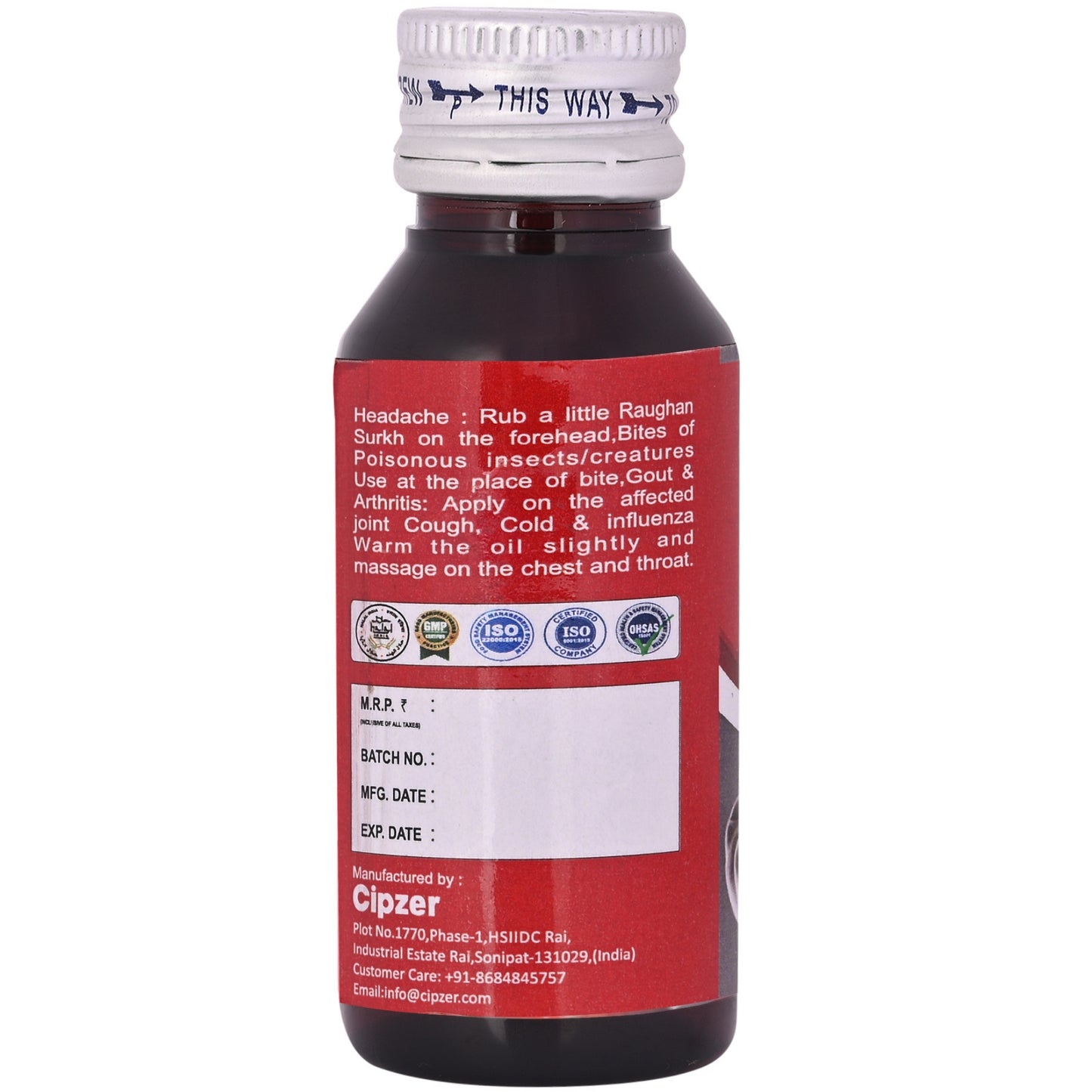 Cipzer Raughan-E-Surkh - 50ml | Herbal Massage Oil for Pain Relief, Muscle Strength & Vitality