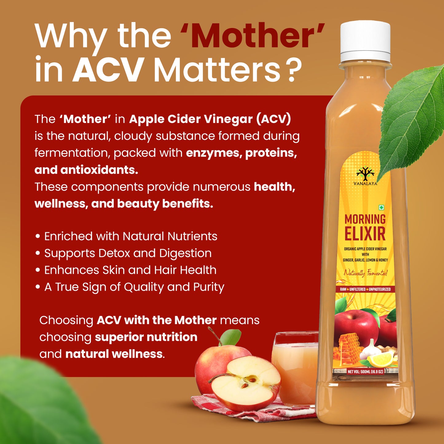 Vanalaya Morning Elixir Apple Cider Vinegar with Ginger, Garlic, Lemon & Honey 500ml