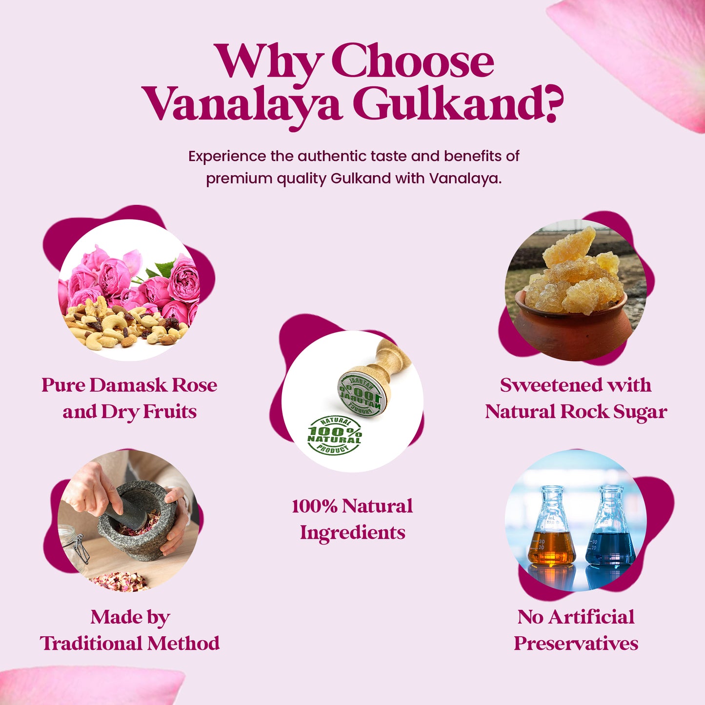 Vanalaya Natural Organic Dry Gulkand Prepared Using Sun Cooked Damask Rose Along with Dry Fruits