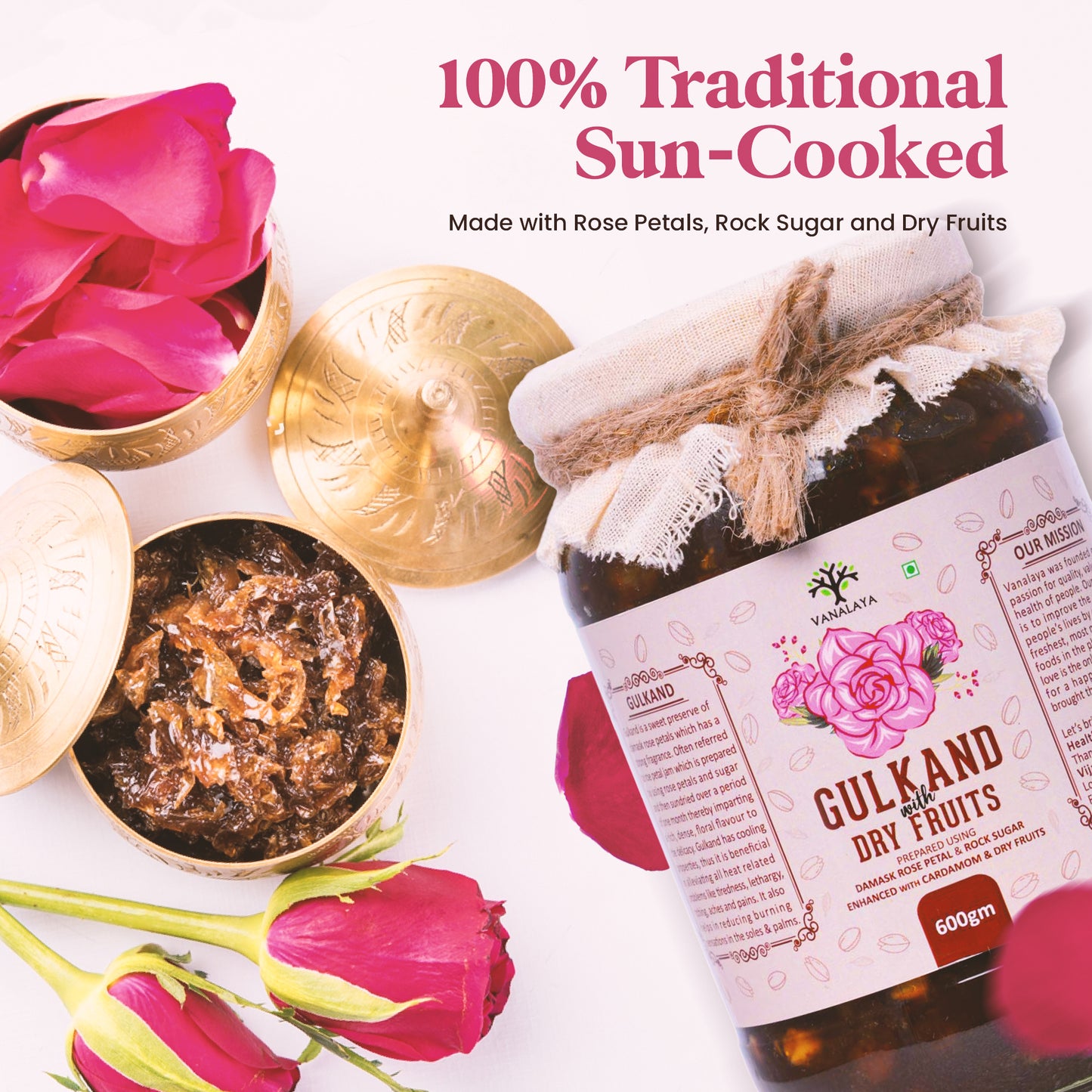 Vanalaya Natural Organic Dry Gulkand Prepared Using Sun Cooked Damask Rose Along with Dry Fruits