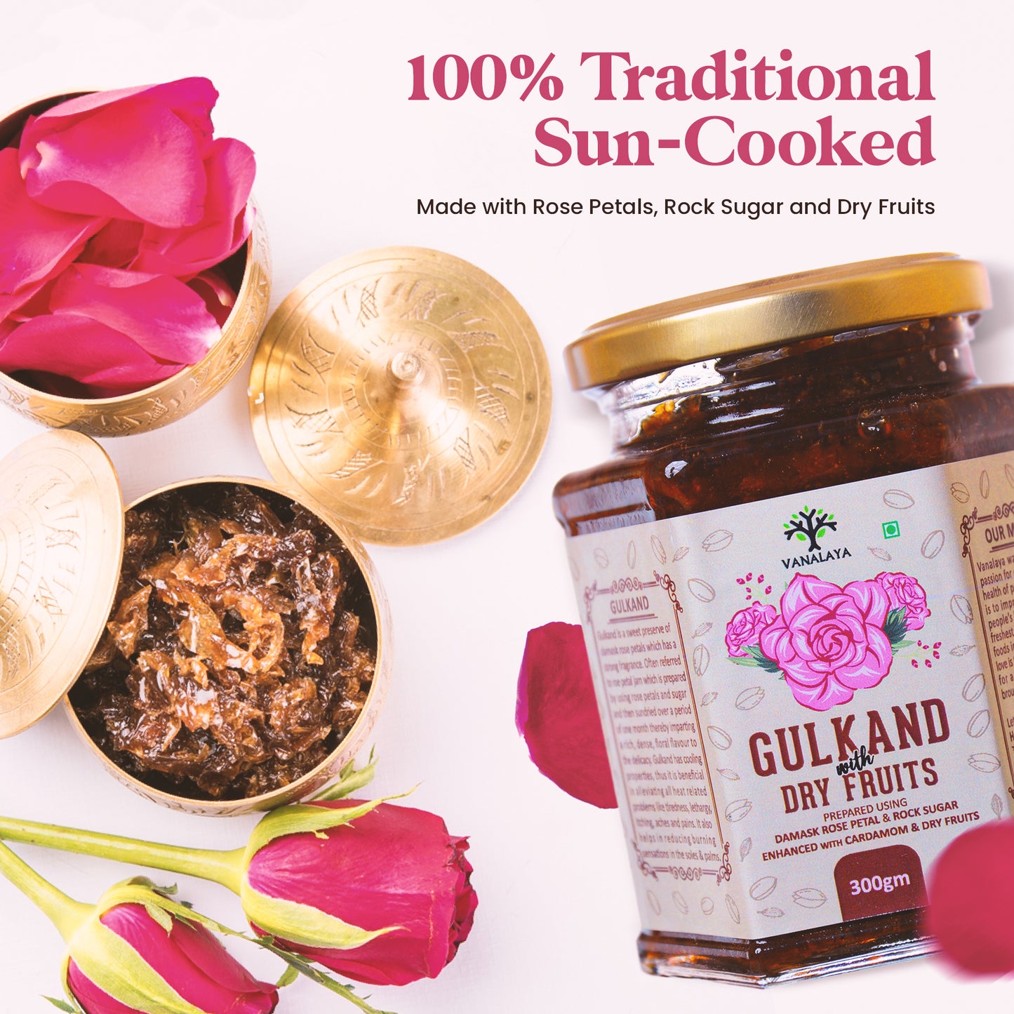 Vanalaya Natural Organic Dry Gulkand Prepared Using Sun Cooked Damask Rose Along with Dry Fruits