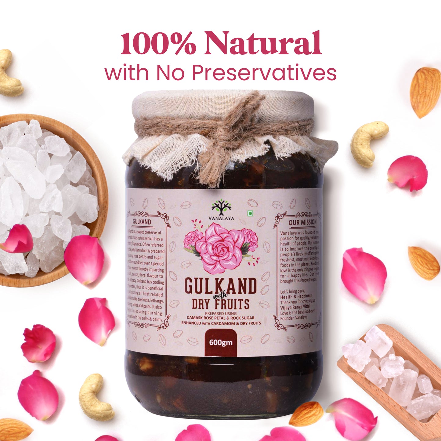 Vanalaya Natural Organic Dry Gulkand Prepared Using Sun Cooked Damask Rose Along with Dry Fruits