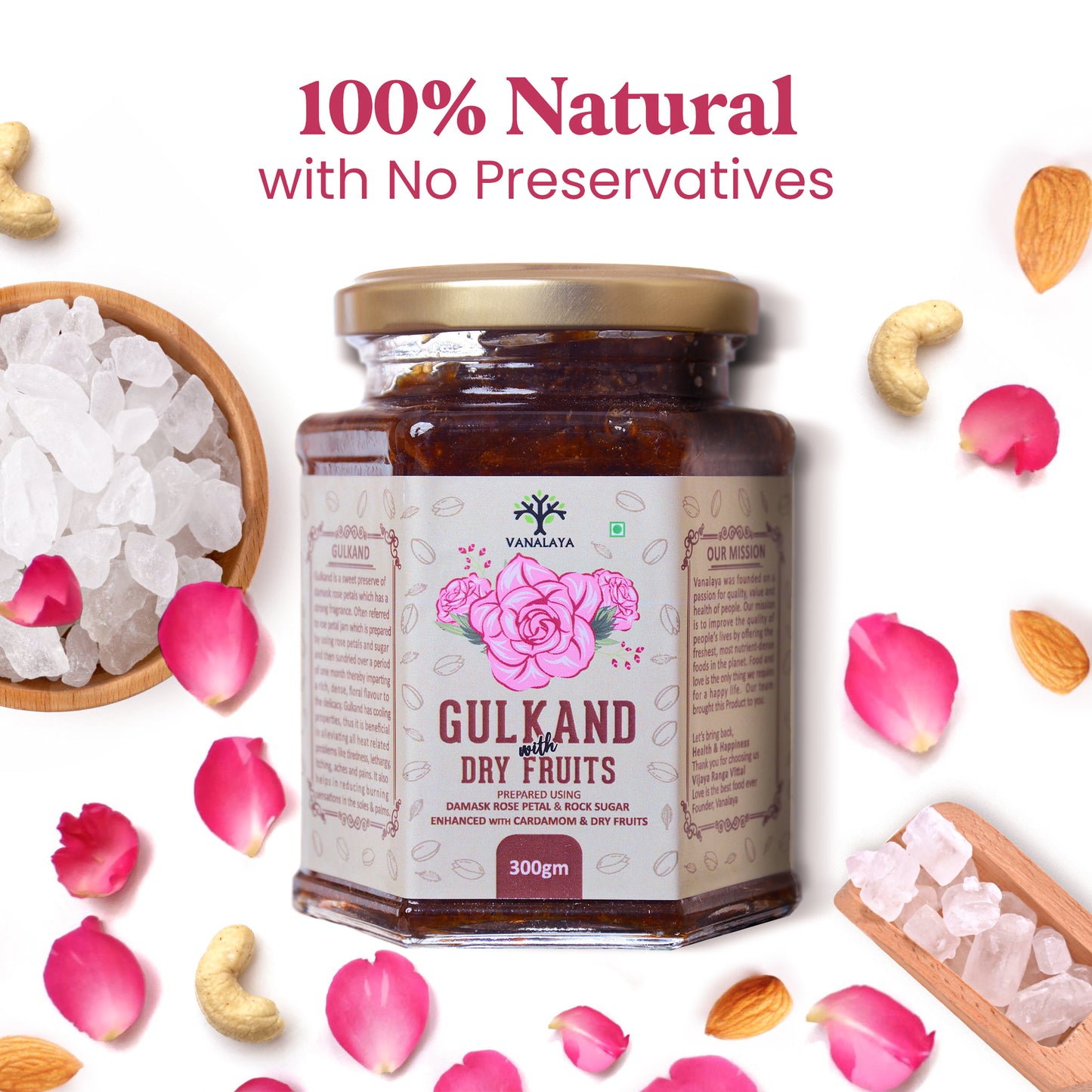 Vanalaya Natural Organic Dry Gulkand Prepared Using Sun Cooked Damask Rose Along with Dry Fruits